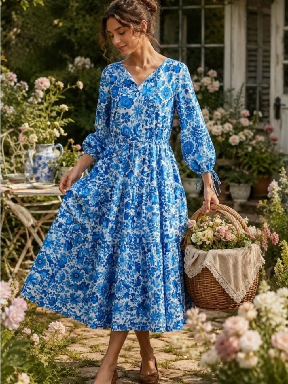 Blue Floral Tiered Maxi Dress with V-Neck